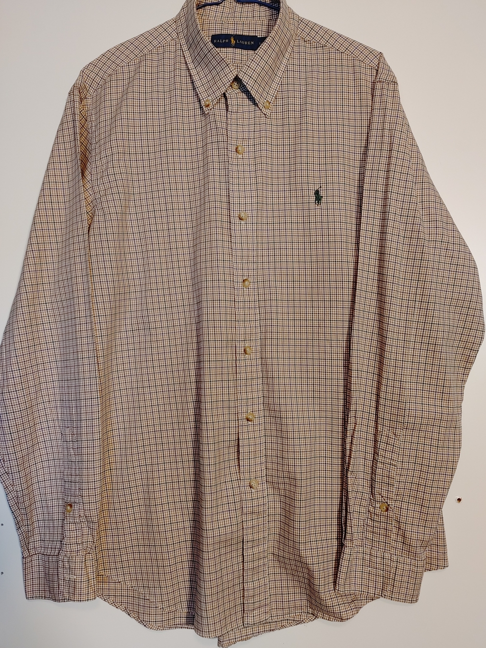 Ralph Lauren Men's Button-Down Plaid Shirt in Beige and Navy